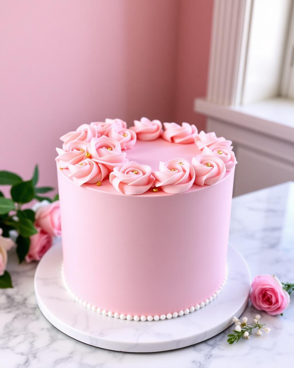 Pastel rosa con rosetones de buttercream