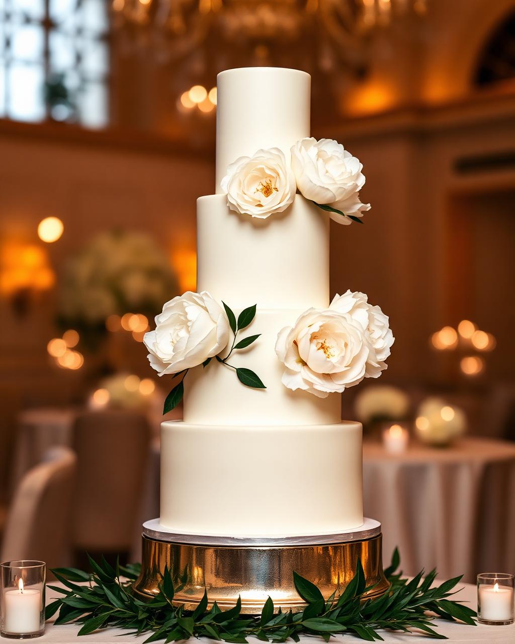 Pastel de boda de cuatro pisos con peonias
