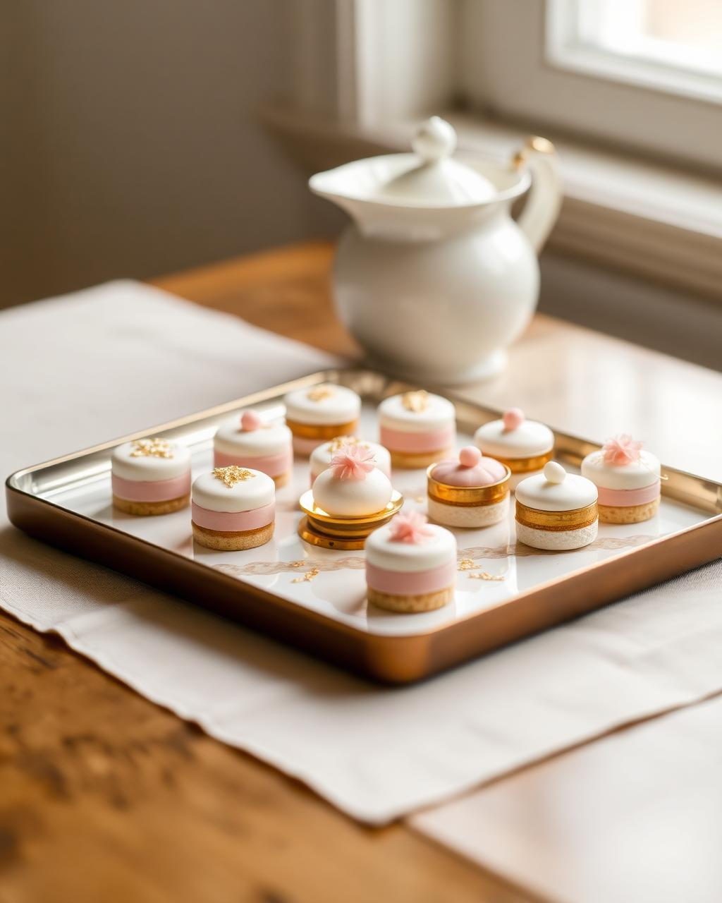 Bandeja de mini postres con detalles dorados