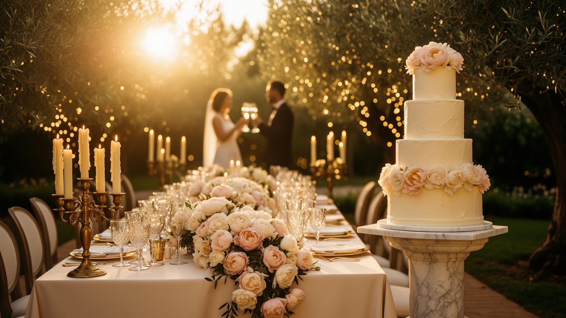 Mesa de boda con peonías y pareja al fondo