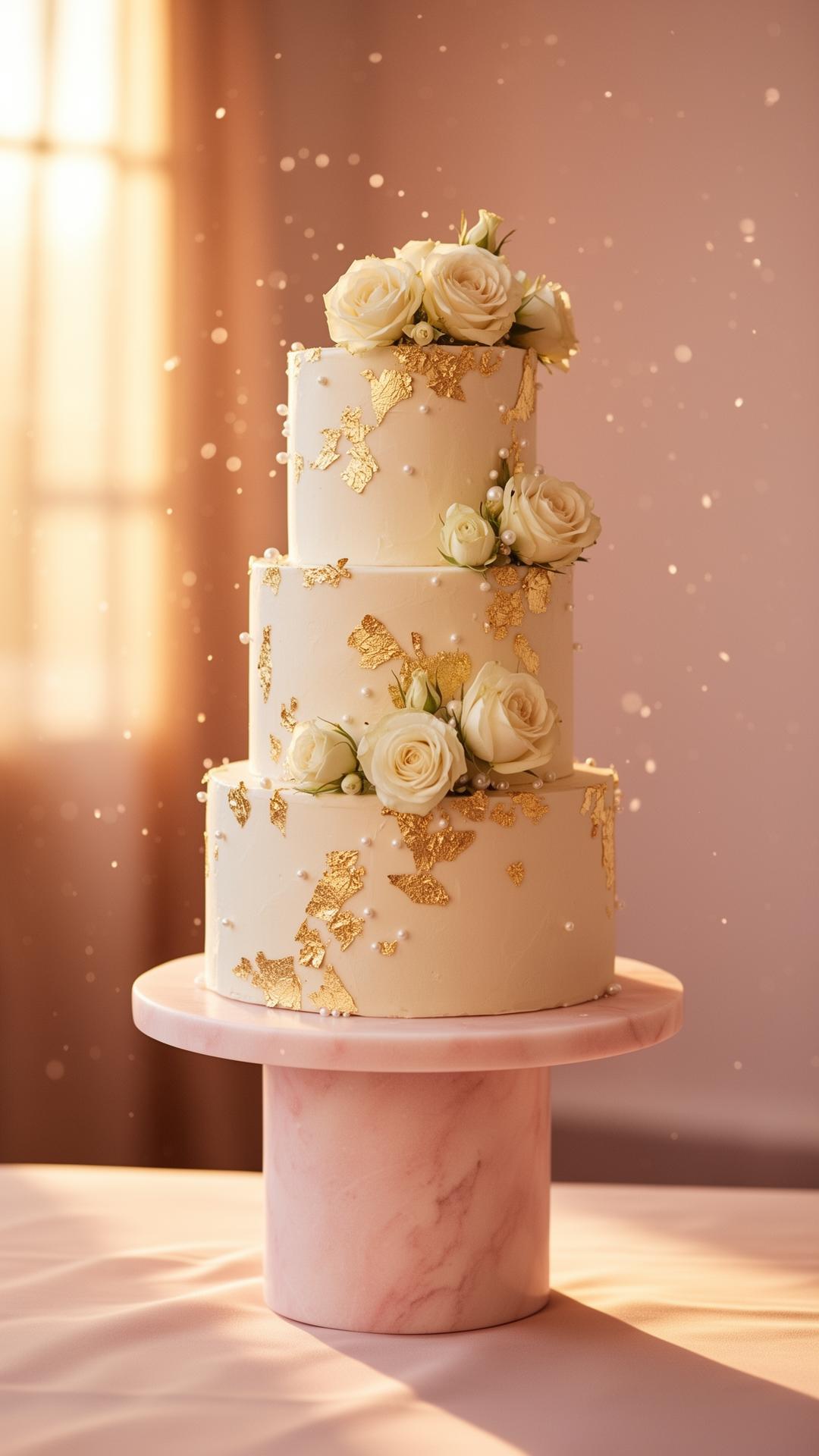 Pastel premium de tres pisos con hojas de oro y rosas frescas