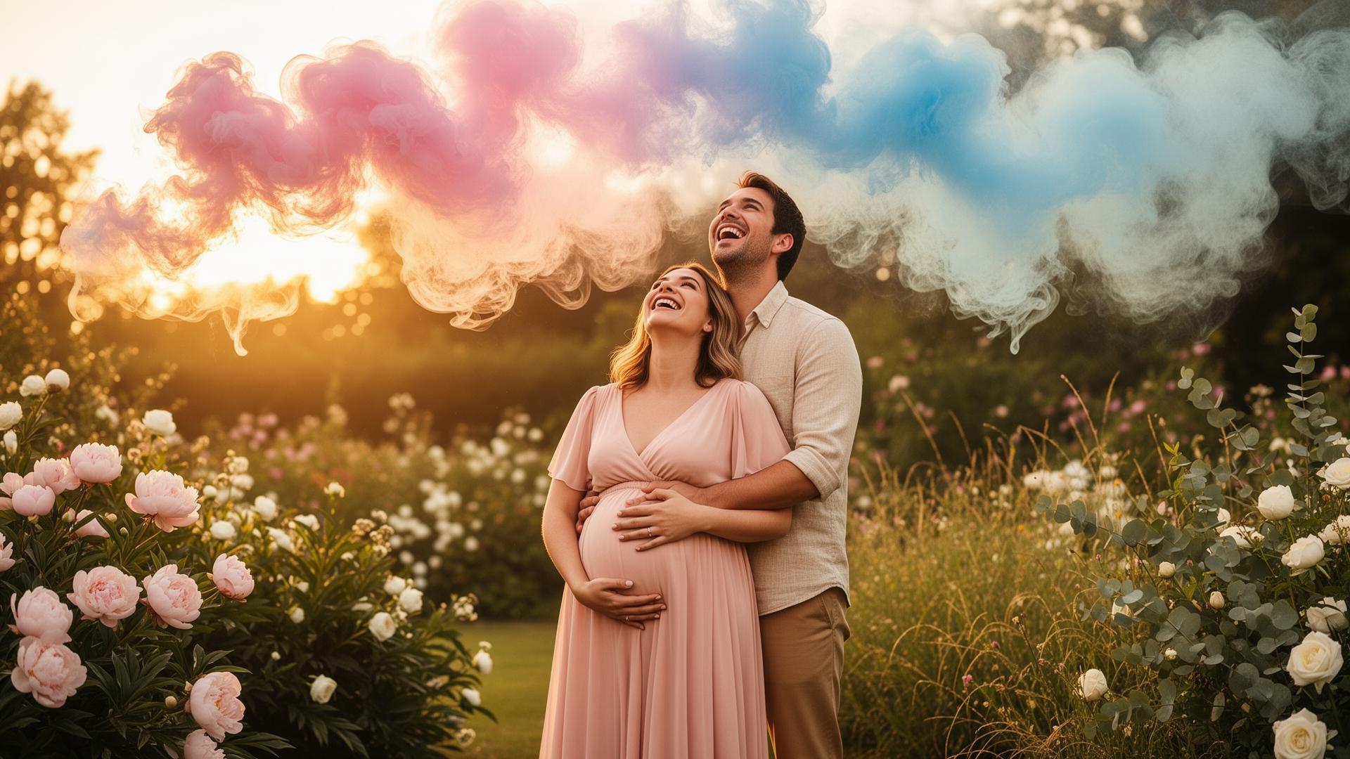 Pareja embarazada celebrando gender reveal con humo rosa y azul en jardín al atardecer